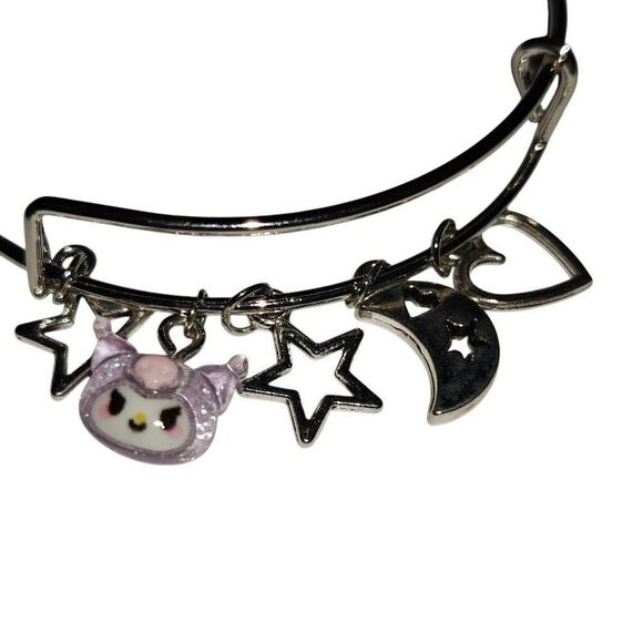 Silver Kawaii Hello Kitty Kuromi Charm Bangle Adjustable Bracelet - Picture 2 of 3